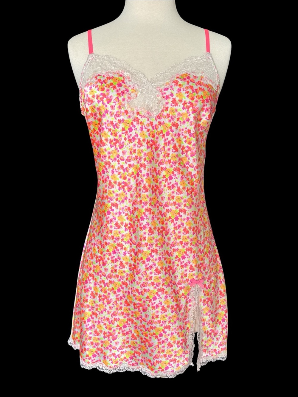 Victoria’s Secret Pink Floral Satin Lace Trim Nightgown Shift Dress Y2K Womens S